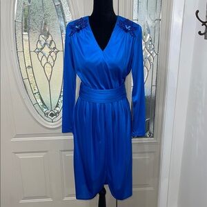 Vintage Impromptu Long Sleeve Blue Dress with Floral Beaded Accents With Belt